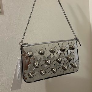 New! Christian Louboutin Loubila Daisy Spike Metallic Silver Clutch